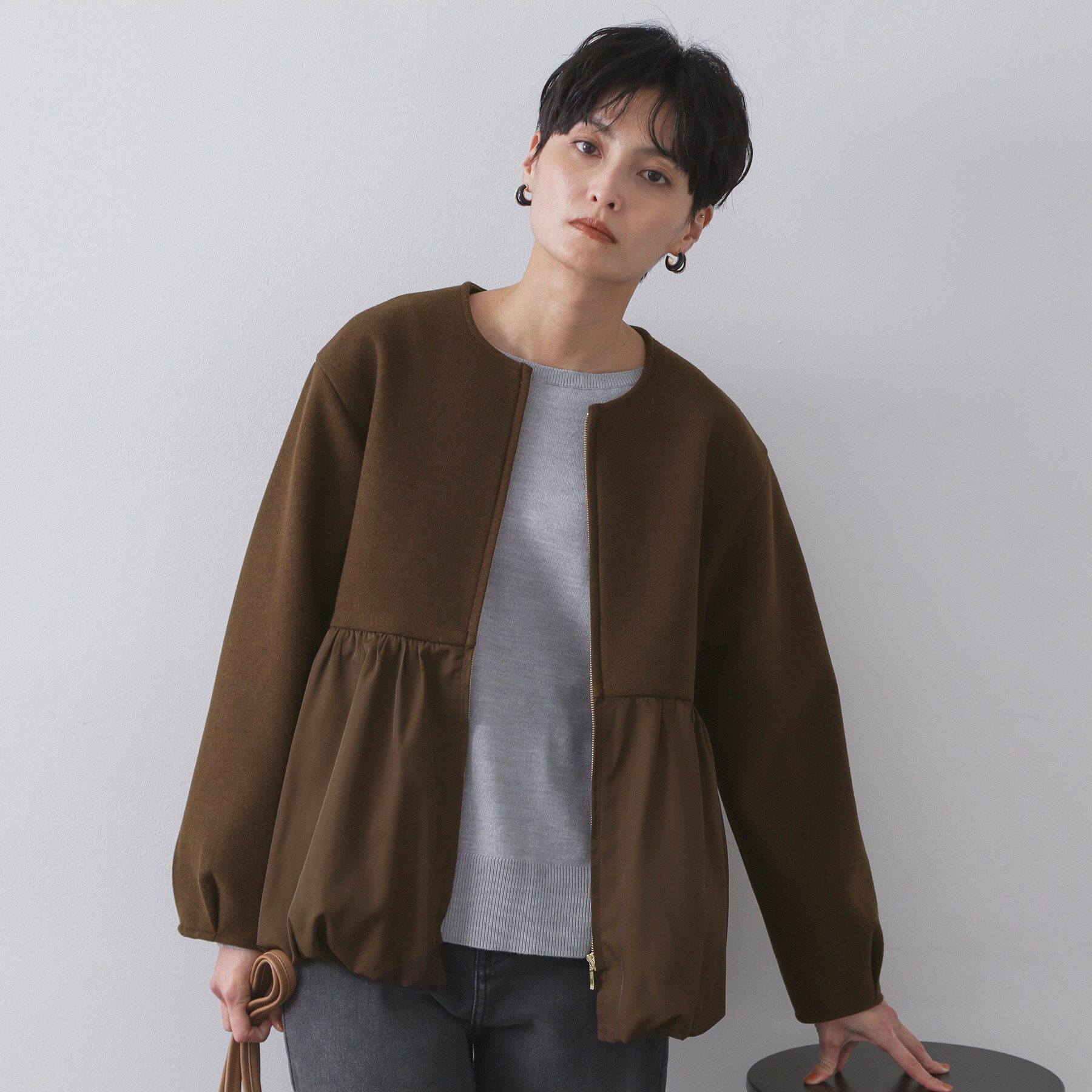 OPAQUE.CLIP「ウールライクペプラムドッキングアウター【洗濯機洗い可】」|ノーカラーコート|