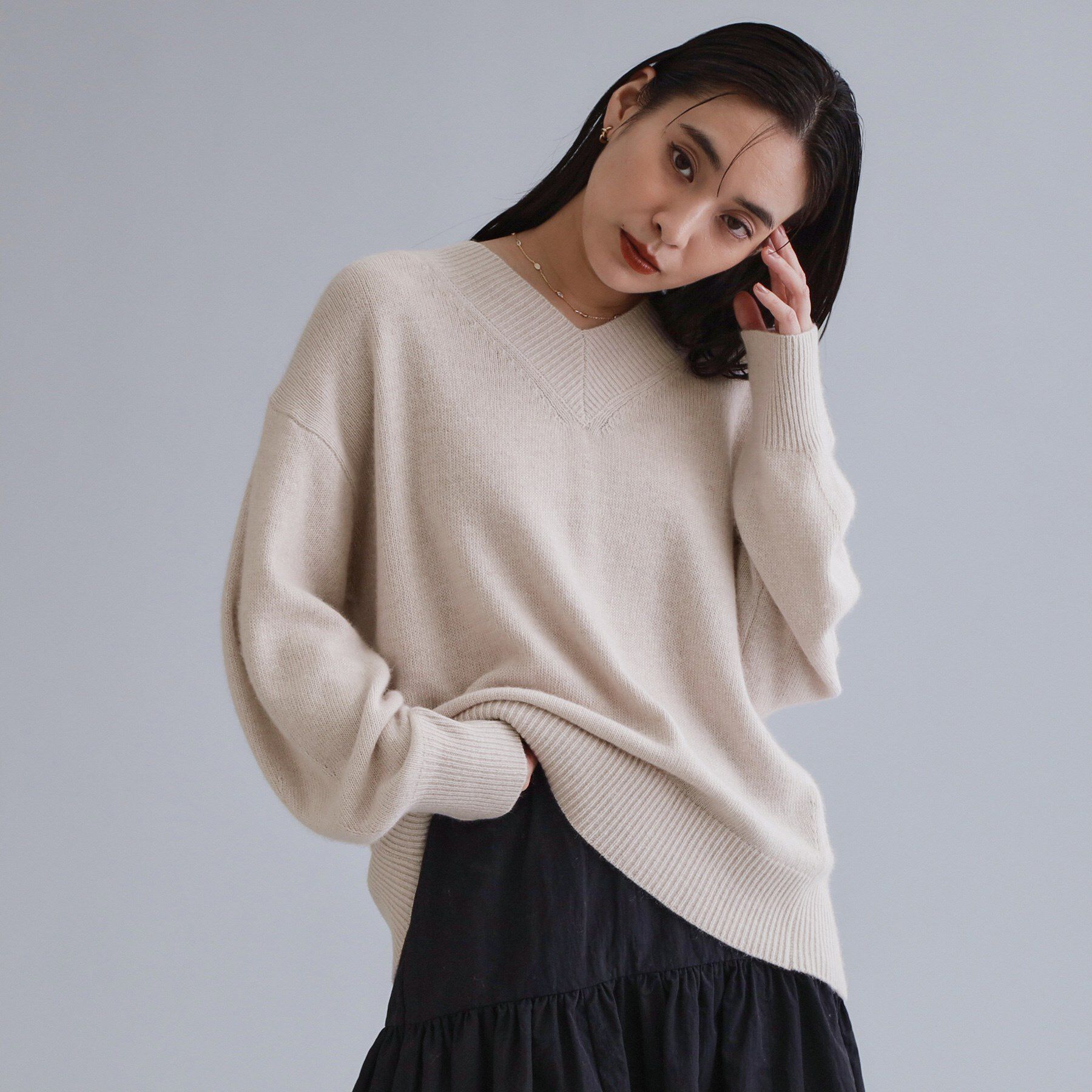 OPAQUE.CLIP「【es】フラッフィーウールVネックニット【洗濯機OK】」|ニット・セーター|ライトベージュ(05