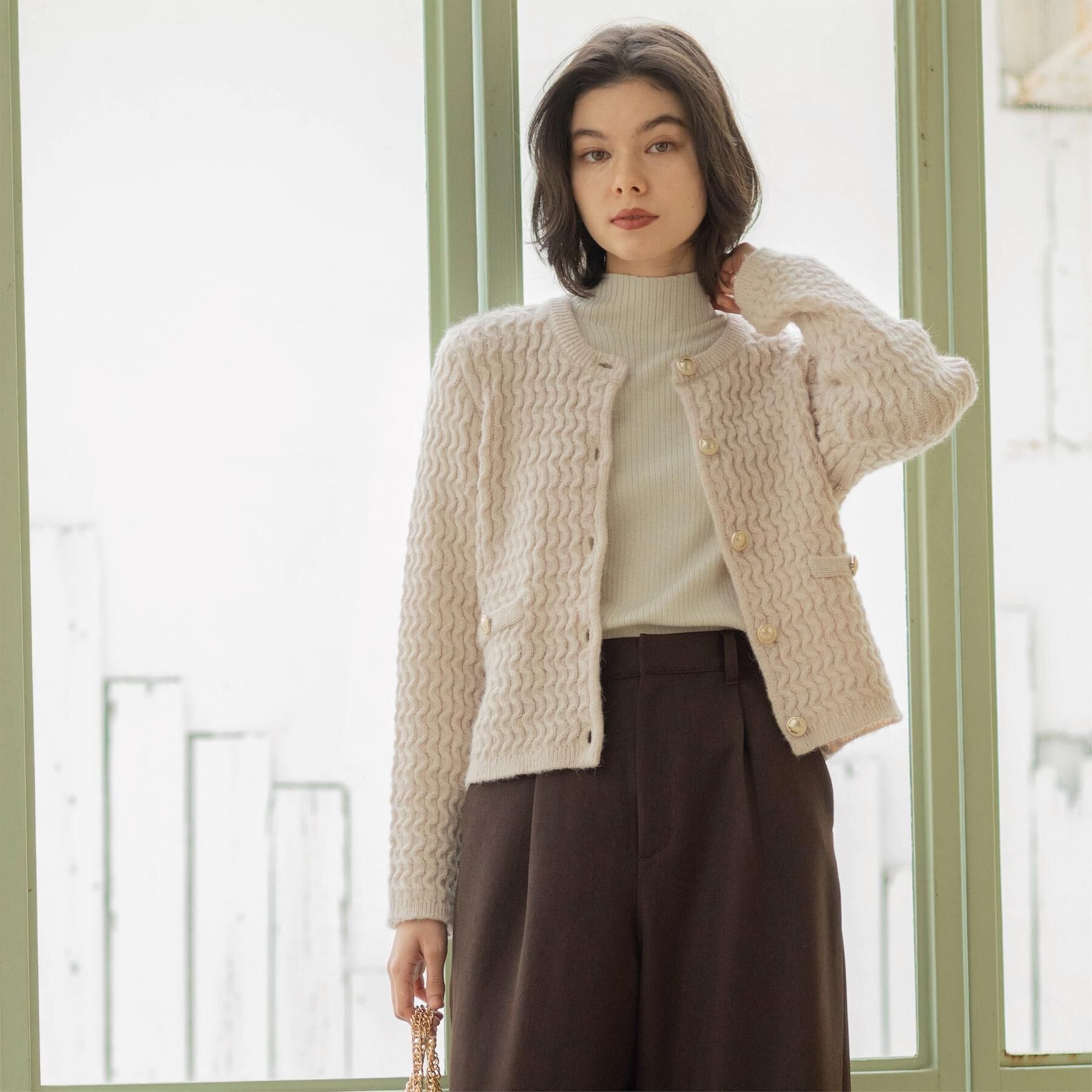 OPAQUE.CLIP「モヘヤタッチケーブル金ボタンカーディガン【洗濯機OK】」|カーディガン|