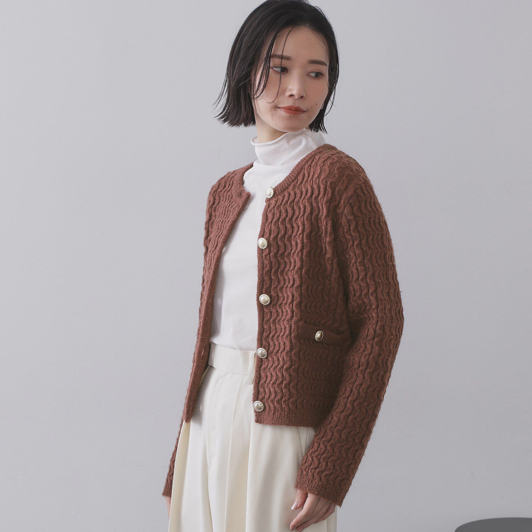 OPAQUE.CLIP「モヘヤタッチケーブル金ボタンカーディガン【洗濯機OK】」|カーディガン|