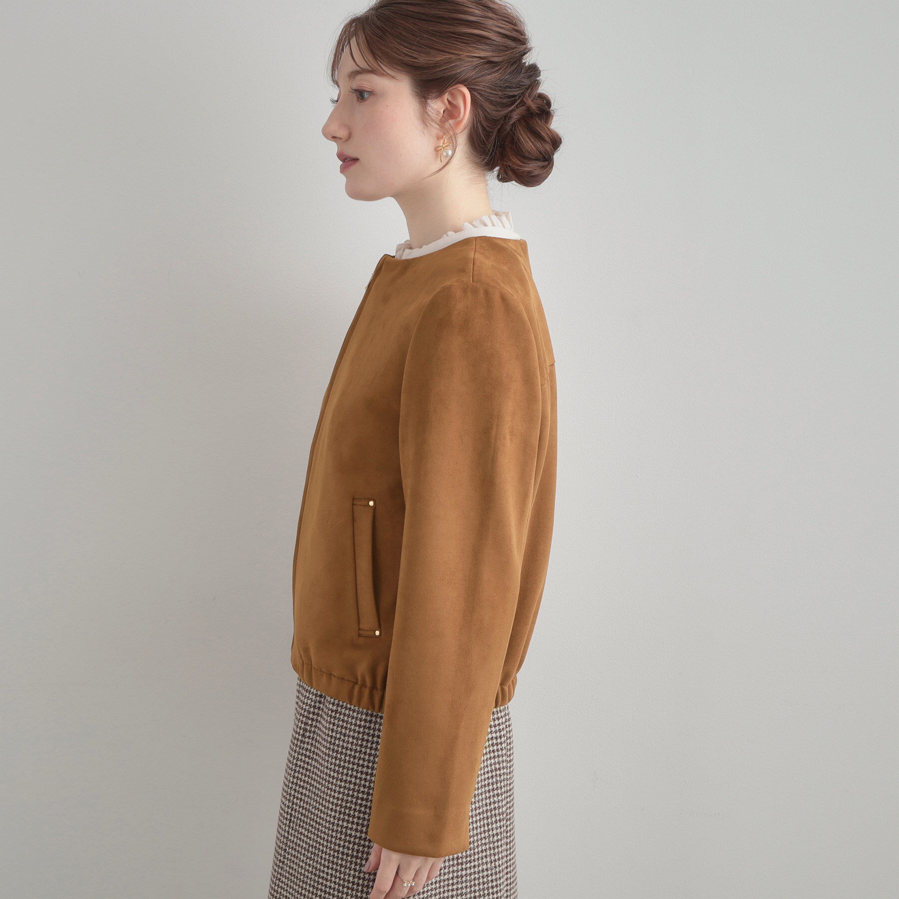 Couture broach「【通勤・大人上品】スエード調ダンボール ノーカラージャケット」|ブルゾン・スタジャン|