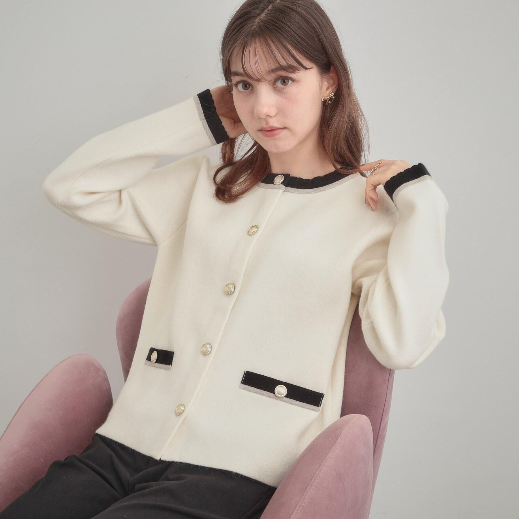 Couture broach「【通勤・大人上品】ムースタッチジャカード 配色スカラカーディ」|カーディガン|アイボリー(004)