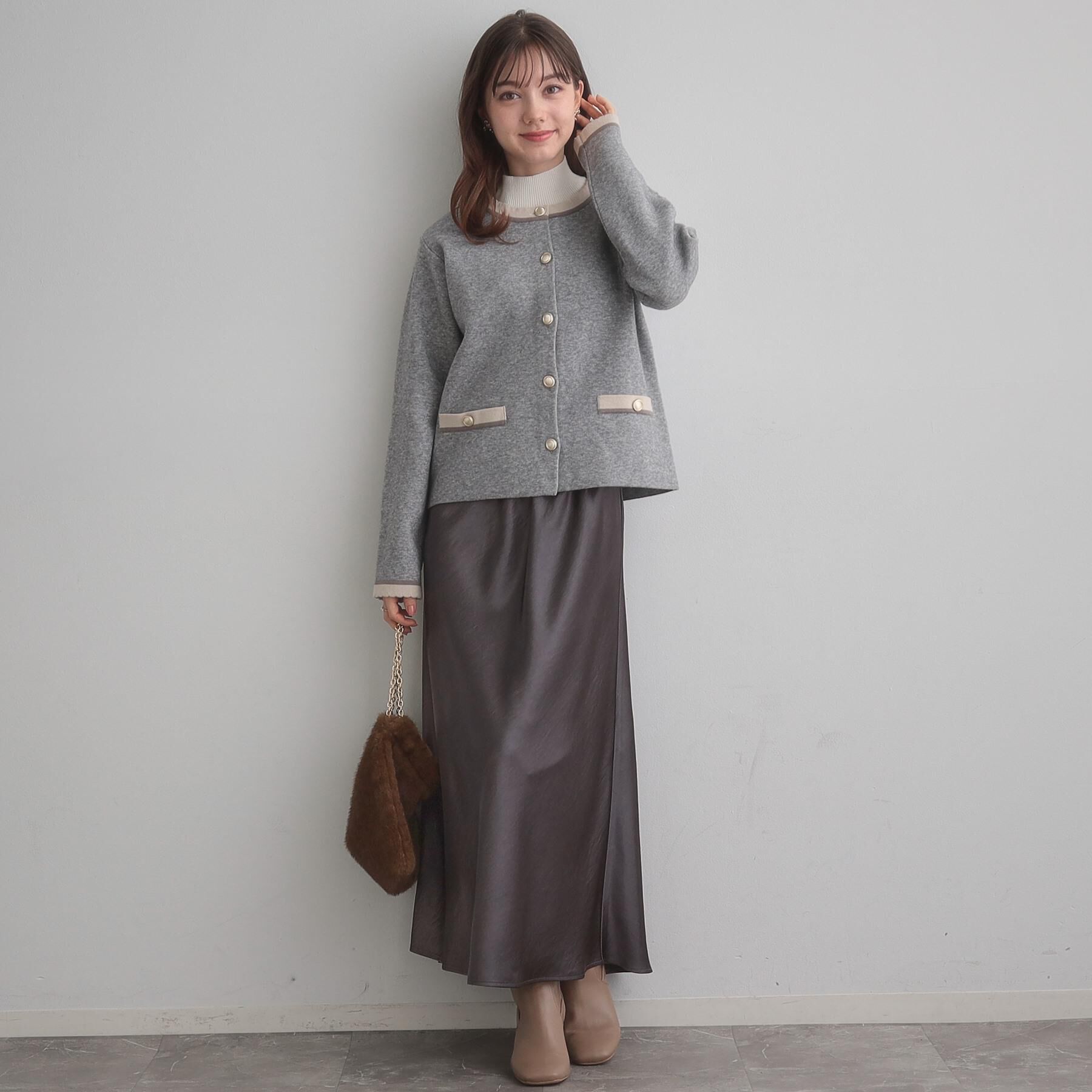 Couture broach「【通勤・大人上品】ムースタッチジャカード 配色スカラカーディ」|カーディガン|