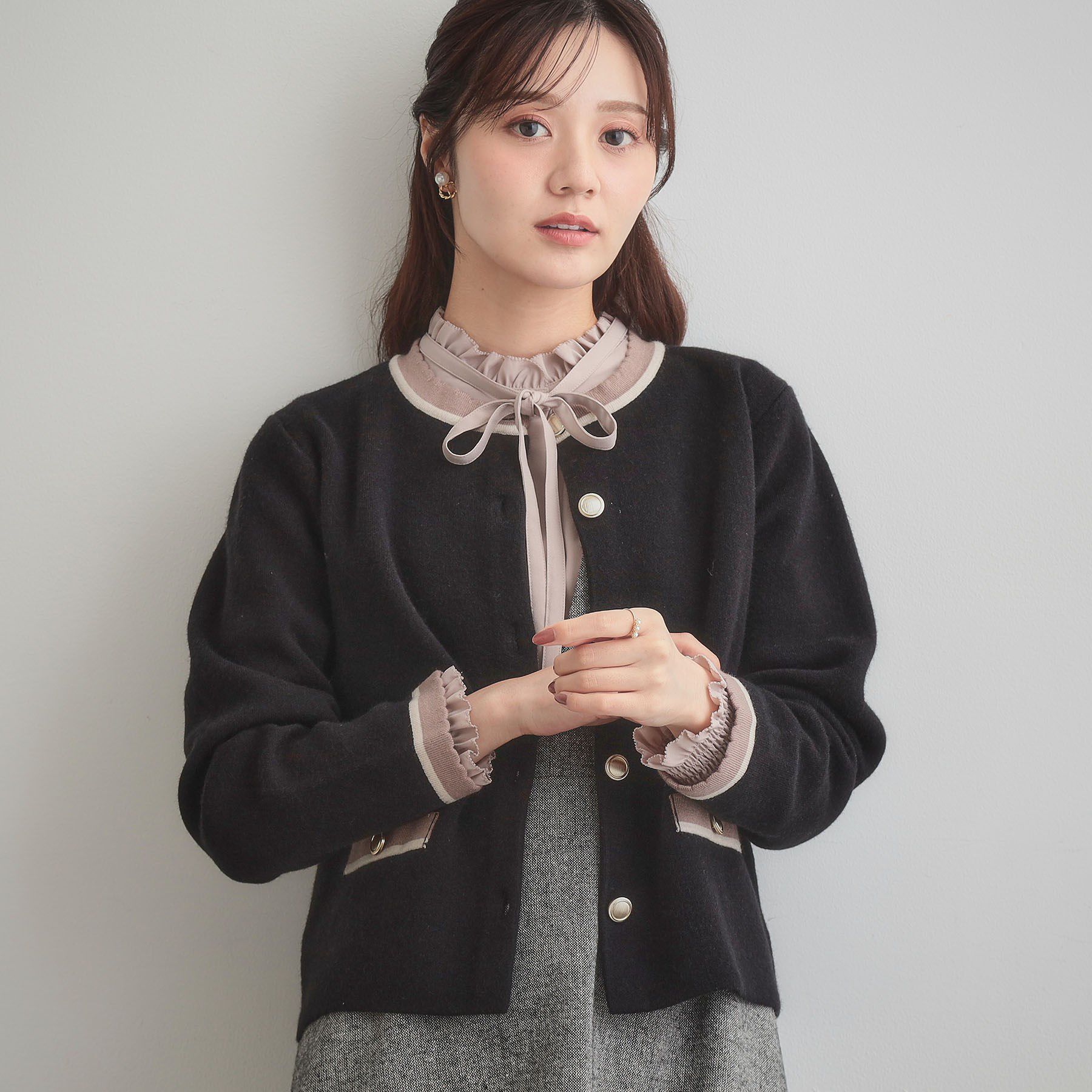 Couture broach「【通勤・大人上品】ムースタッチジャカード 配色スカラカーディ」|カーディガン|