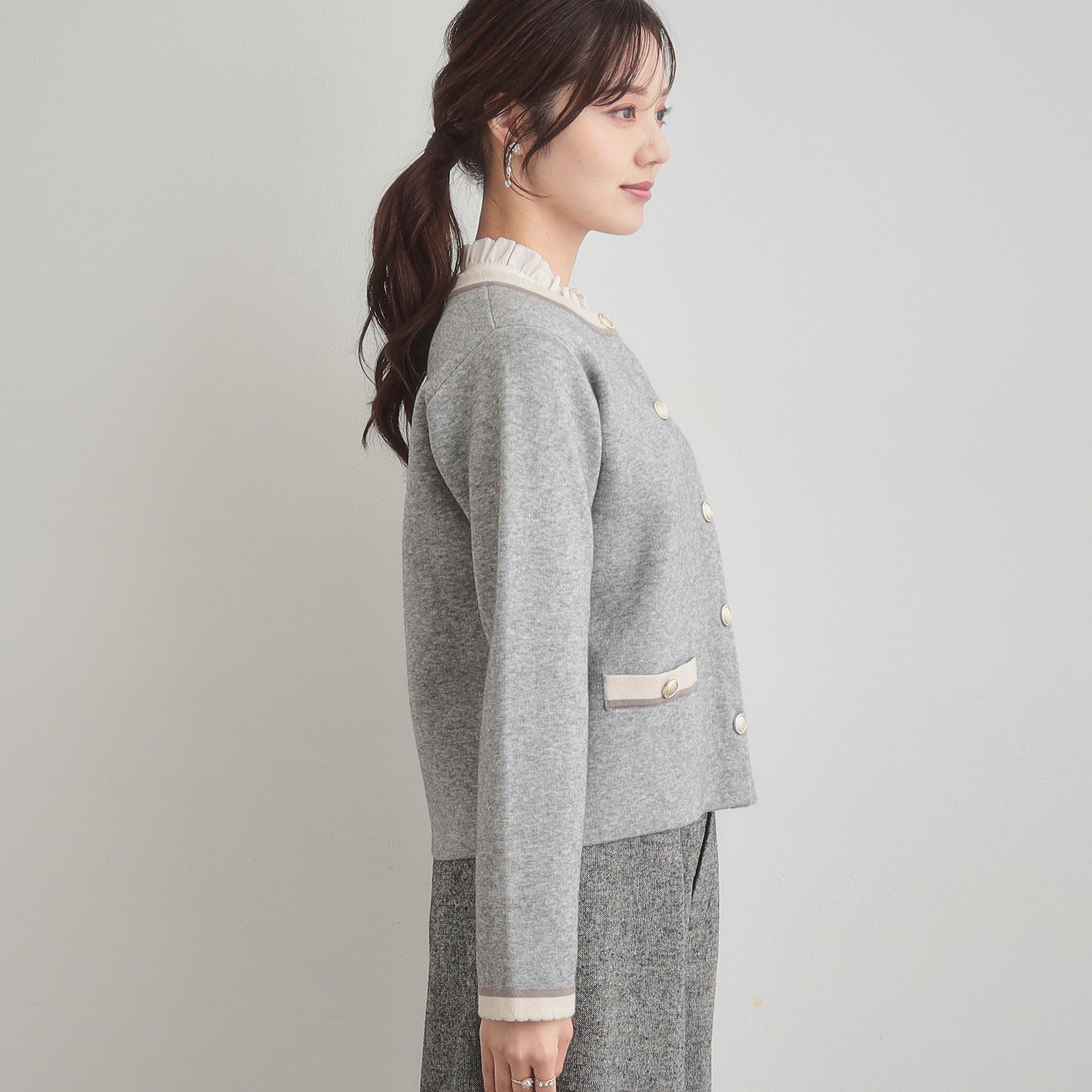 Couture broach「【通勤・大人上品】ムースタッチジャカード 配色スカラカーディ」|カーディガン|