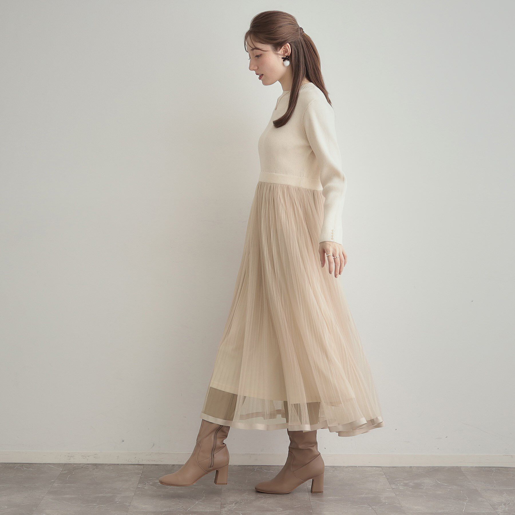 Couture broach「【S-LL/キラキラリブニット】チュールドッキング ワンピース」|ワンピース|