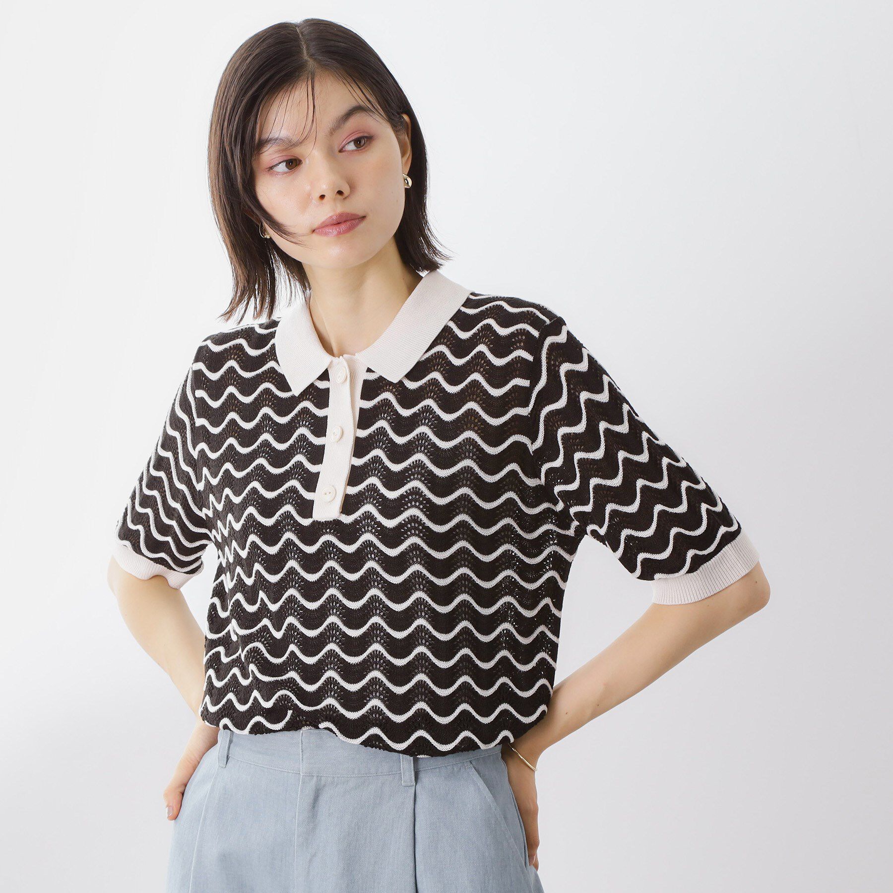 THE SHOP TK「柄アソートポロニットシャツ【洗濯機OK】」|ニット・セーター|ブラック(319)