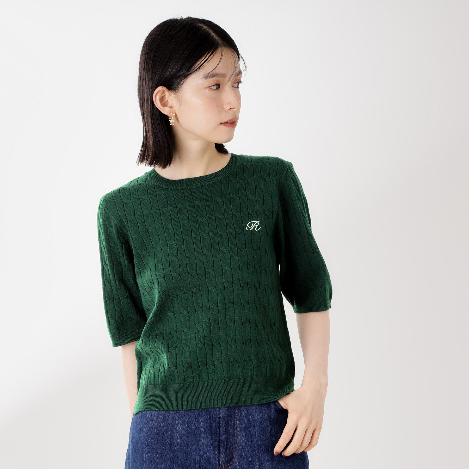 THE SHOP TK「ワンポイント刺繍ケーブル半袖ニット【洗濯機OK】」|ニット・セーター|