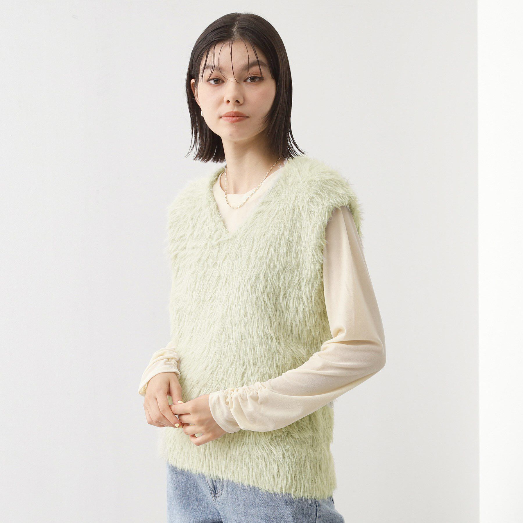 THE SHOP TK「ふわふわフェザーベスト/洗える」|ベスト・ジレ|グリーン(022)