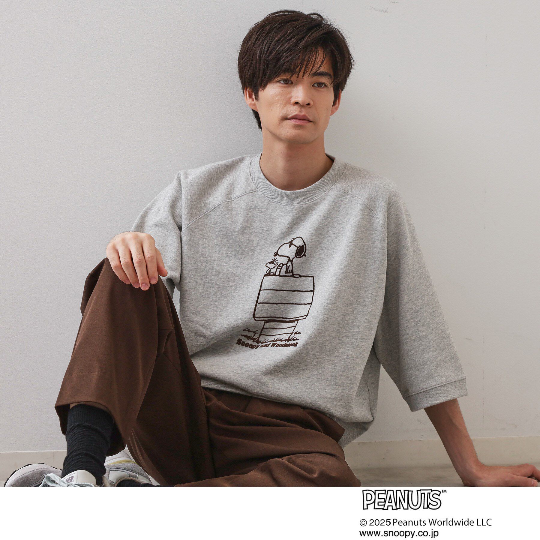 THE SHOP TK「Peanuts スヌーピー 6分袖裏毛スウェット」|Tシャツ・カットソー|グレー(012)