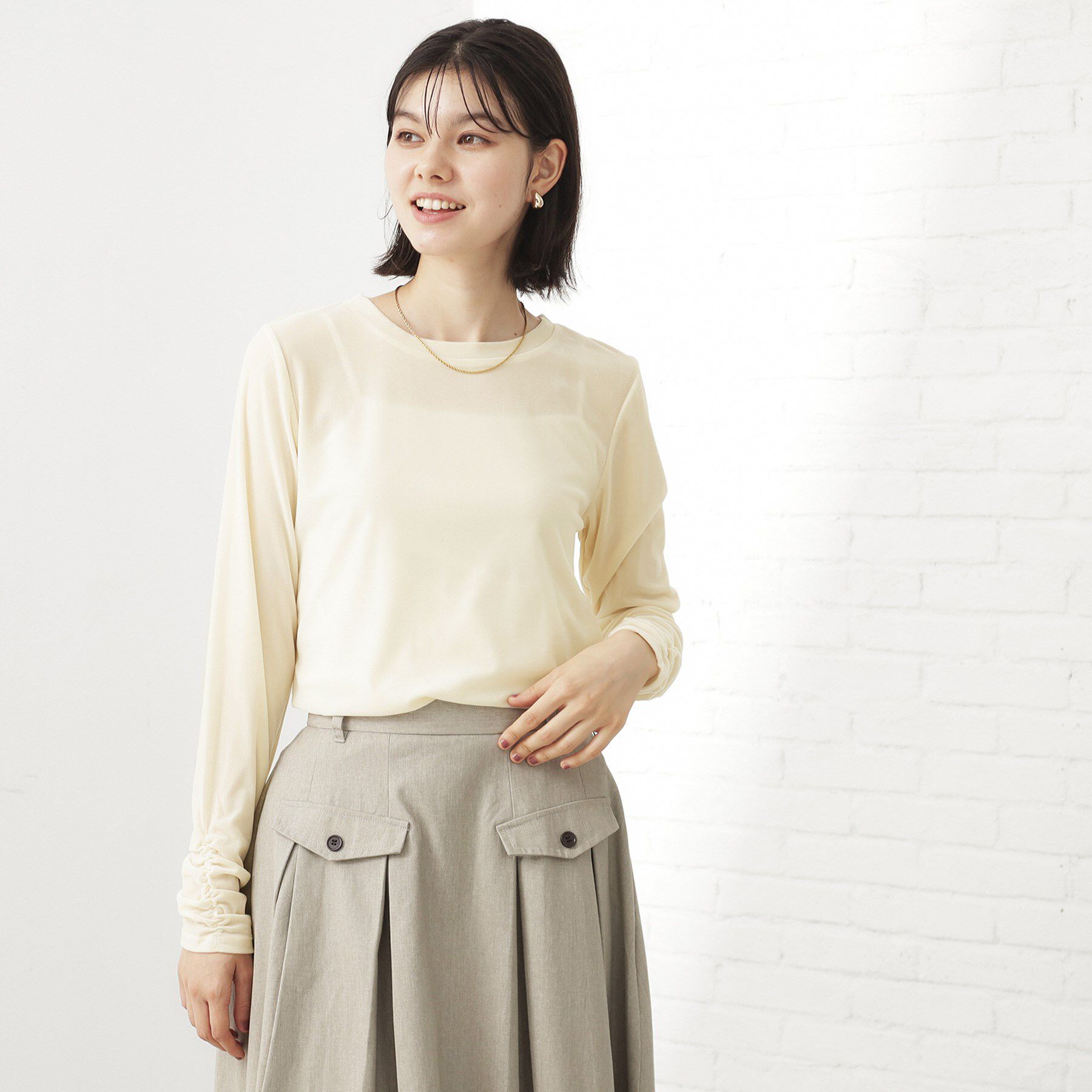 THE SHOP TK「【程よいシアー感】ベロア袖クシュプルオーバー」|Tシャツ・カットソー|アイボリー(004)