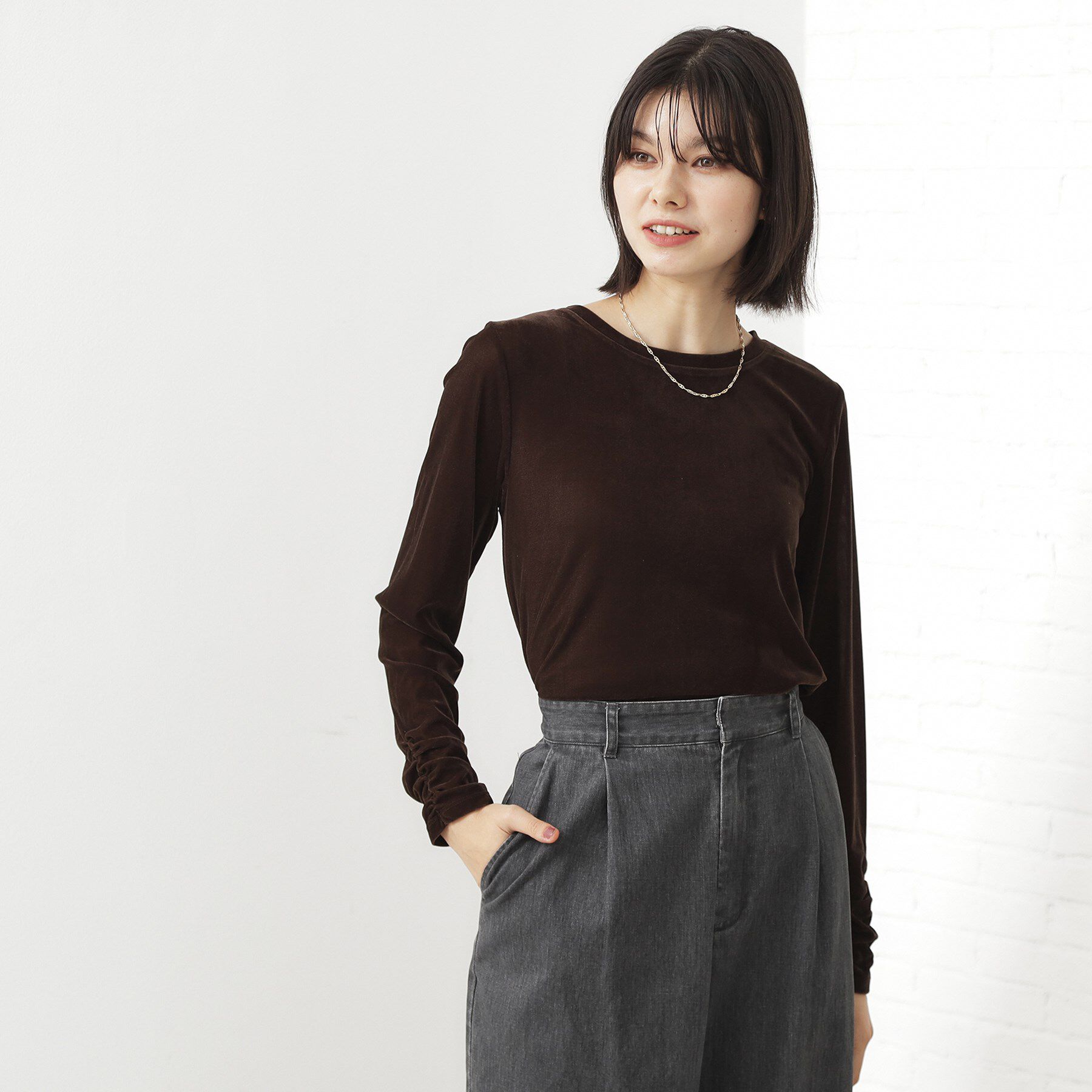 THE SHOP TK「【程よいシアー感】ベロア袖クシュプルオーバー」|Tシャツ・カットソー|ブラウン(043)