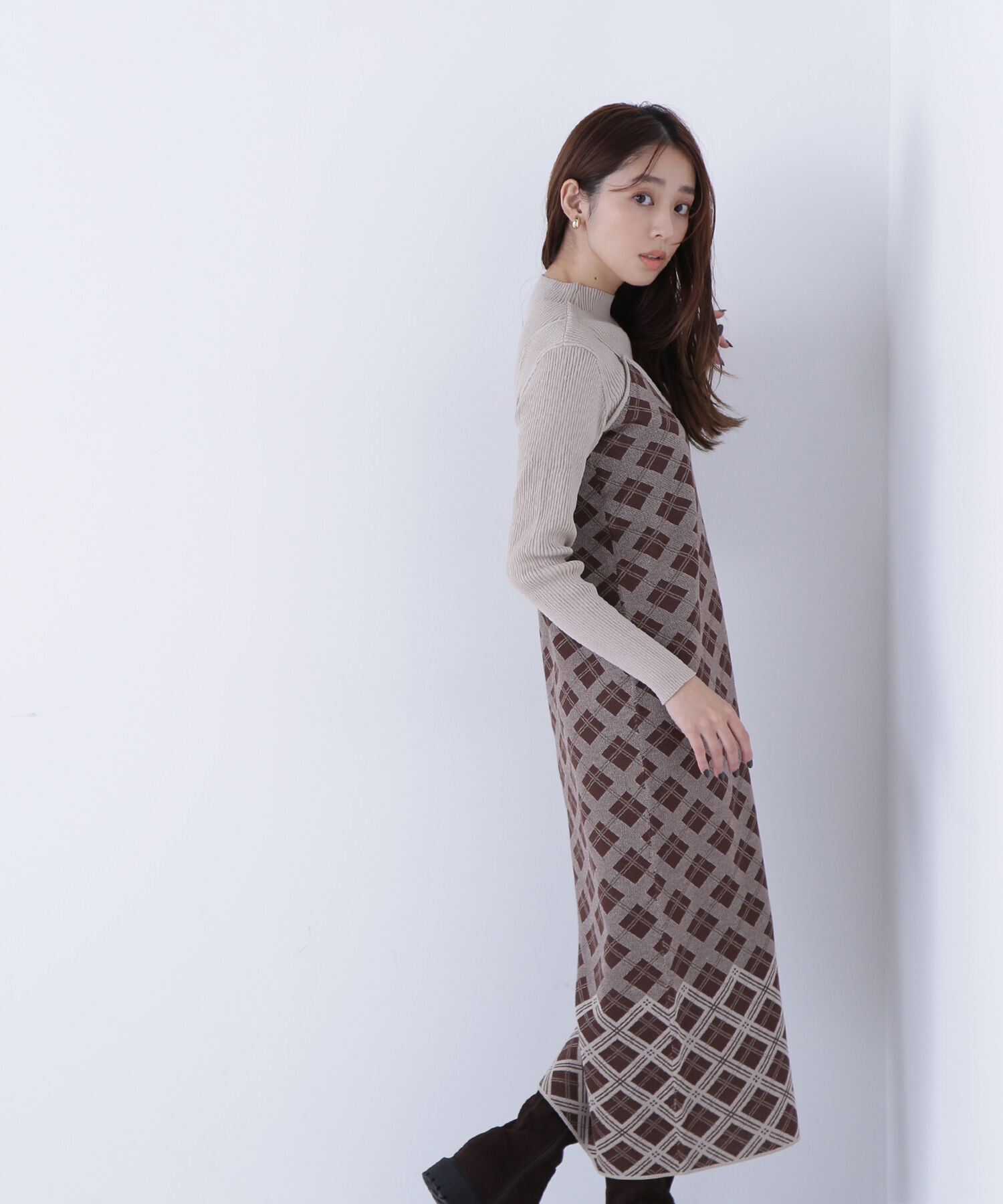  「チェックニットキャミワンピースセット」|ワンピース|