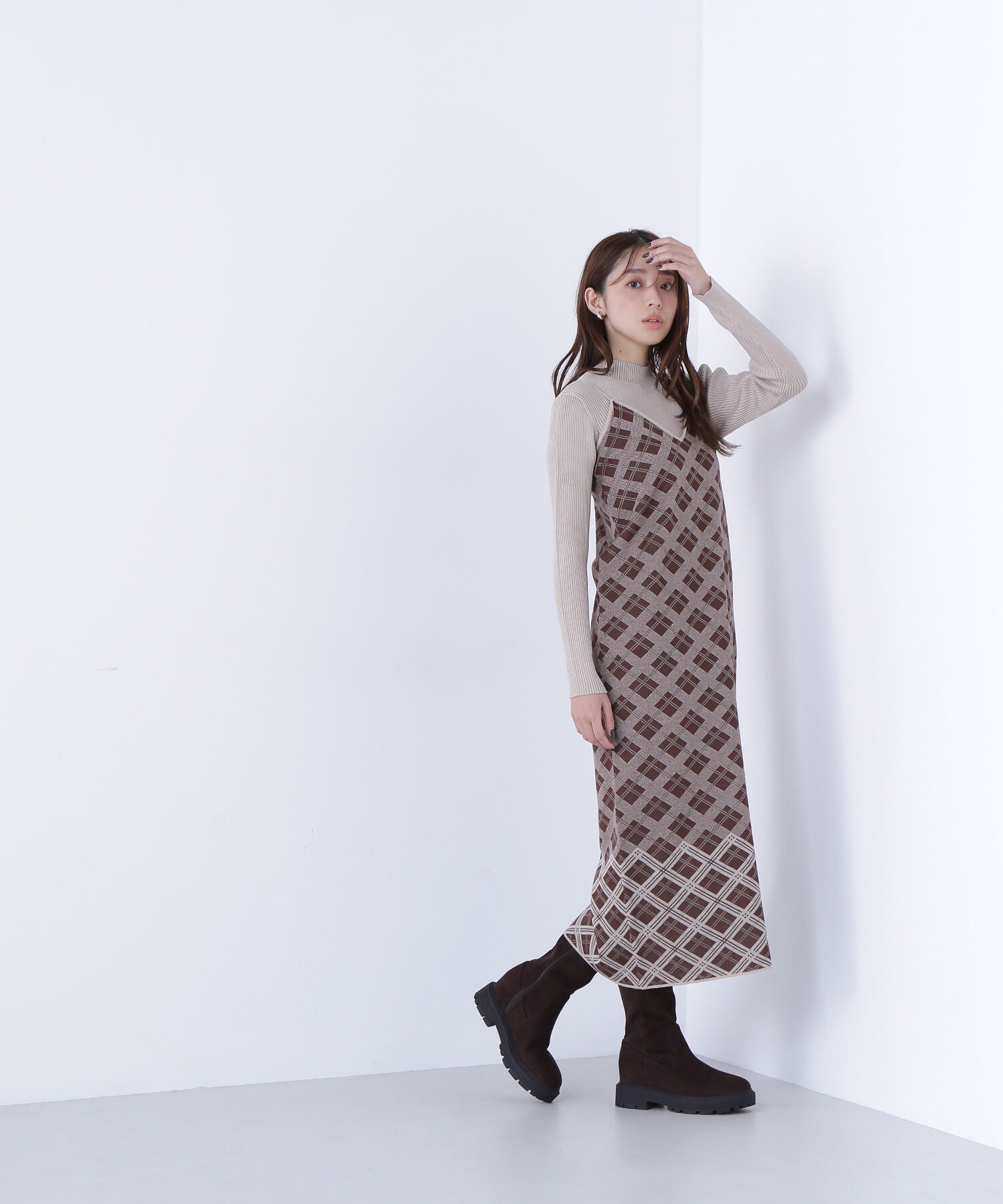  「チェックニットキャミワンピースセット」|ワンピース|