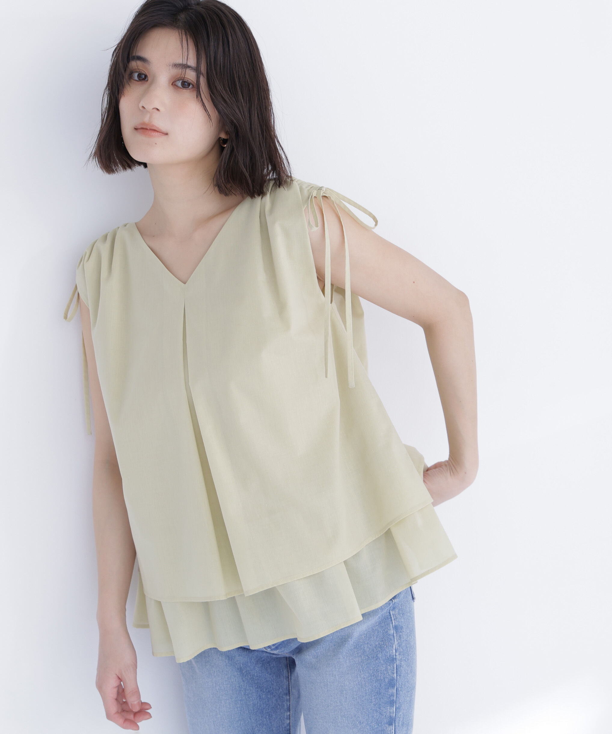  「ショルダーリボンティアードチュニックブラウス」|シャツ・ブラウス|ライトグリー