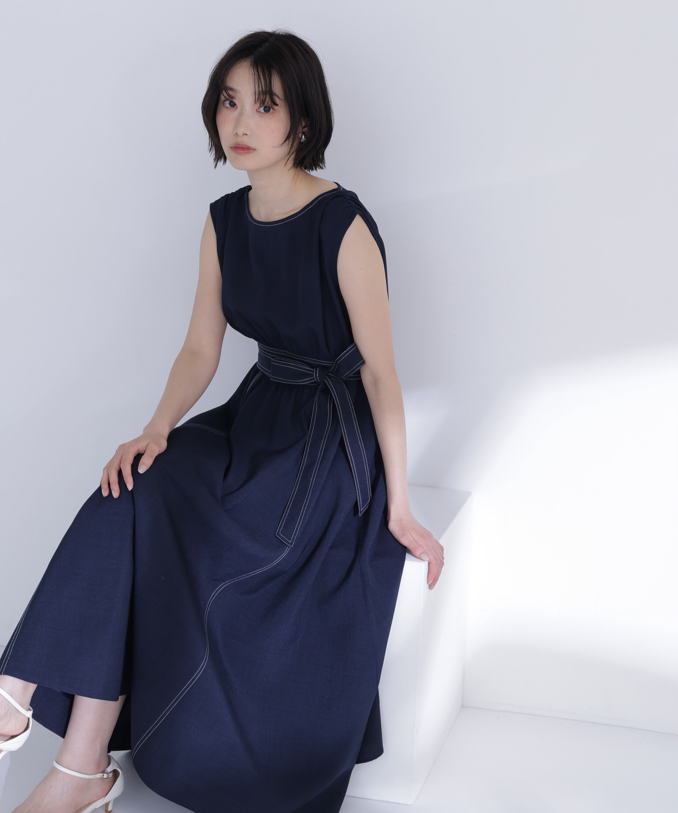  「ベルテッドステッチワンピース」|ワンピース|ネイビー2