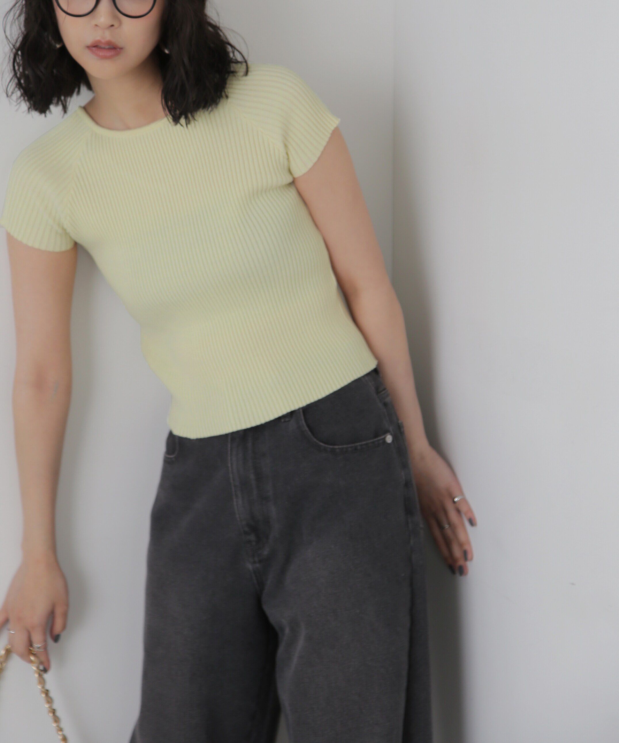  「前後2Wayフレンチスリーブリブニット」|ニット・セーター|イエロー