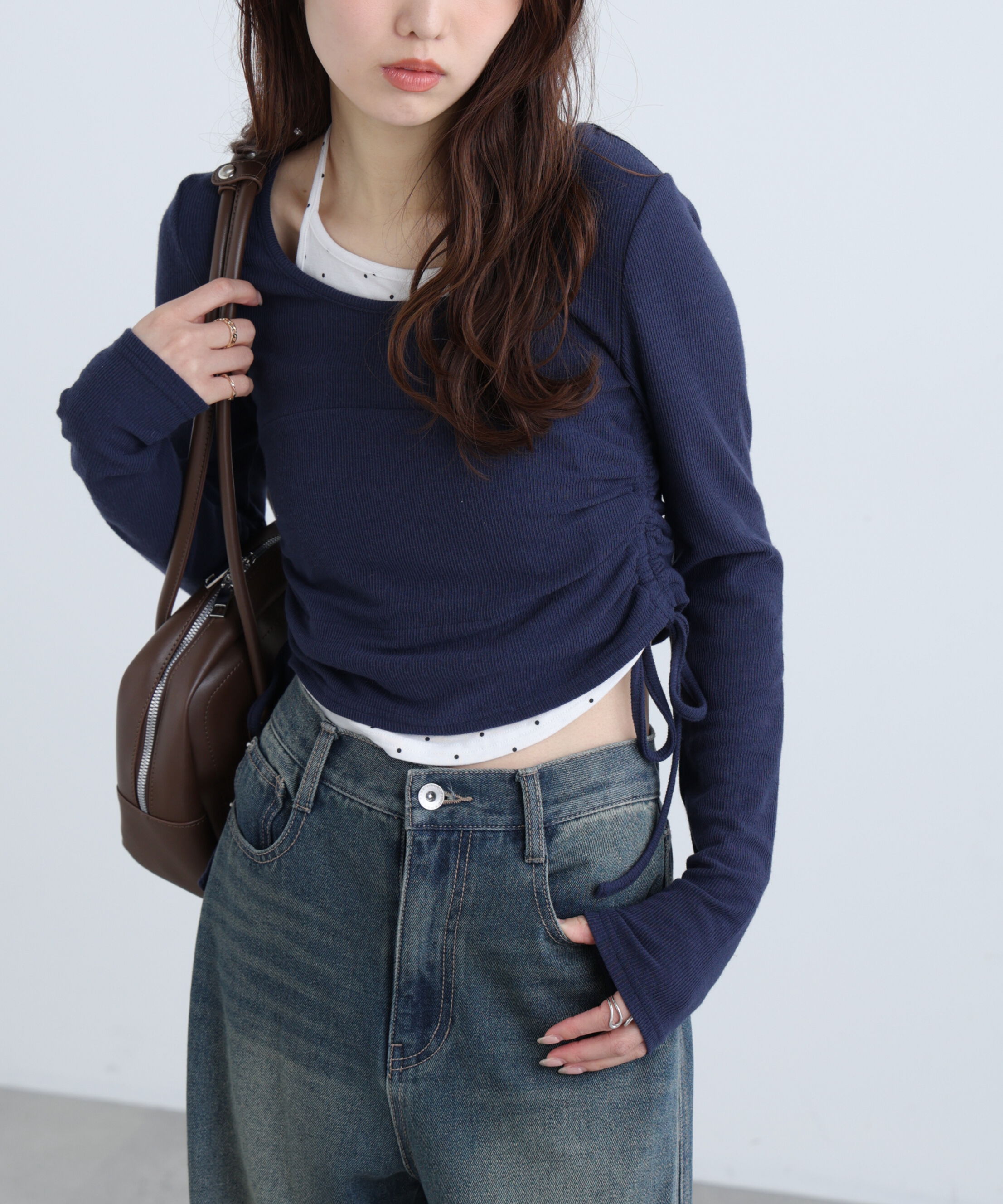  「ホルターネックレイヤードサイドドロストカットソー」|Tシャツ・カットソー|ネイビー&times;ド  1