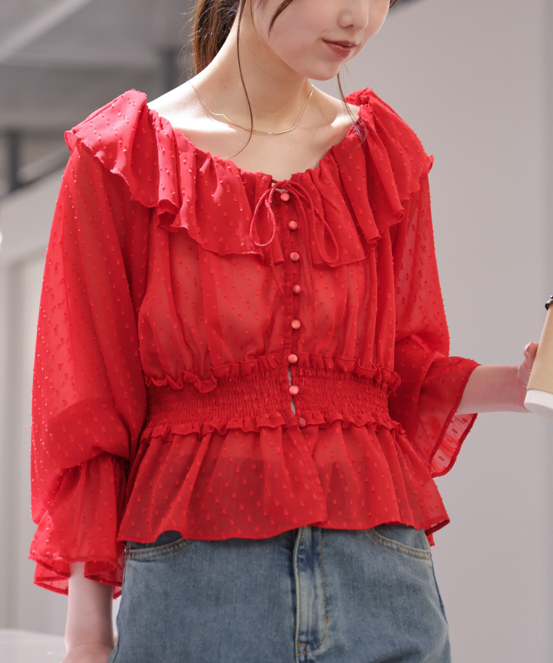  「2wayオフショルフリルブラウス」|シャツ・ブラウス|レッド