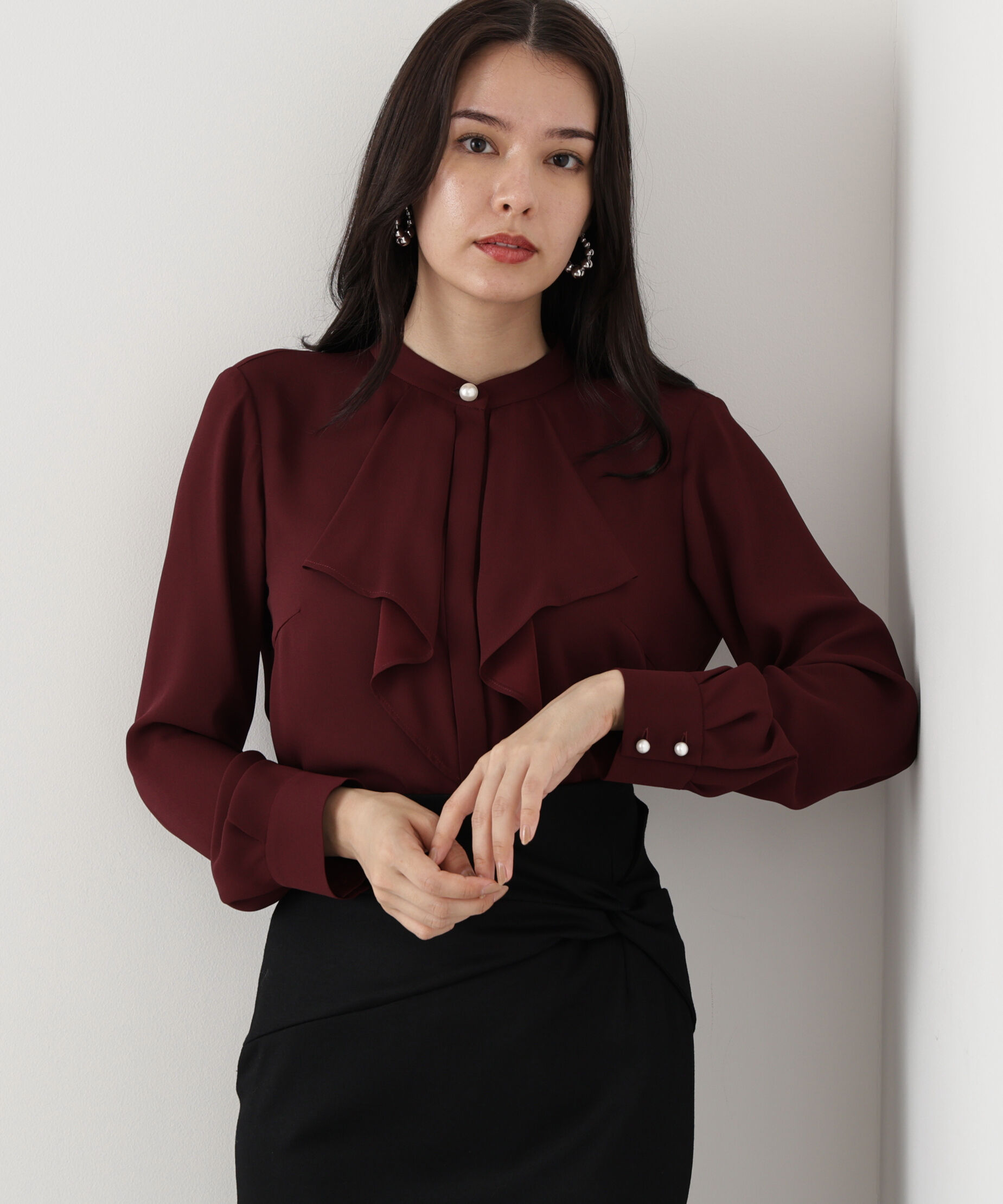  「◆フロントラッフルパール釦ブラウス」|シャツ・ブラウス|