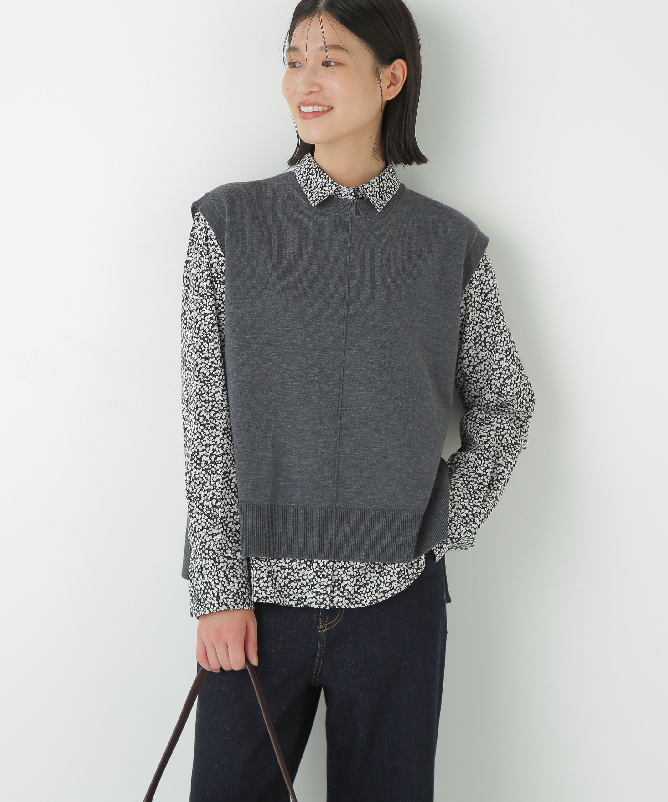  「◆ハーゲージクルーネックニットベスト」|ニット・セーター|チャコール1