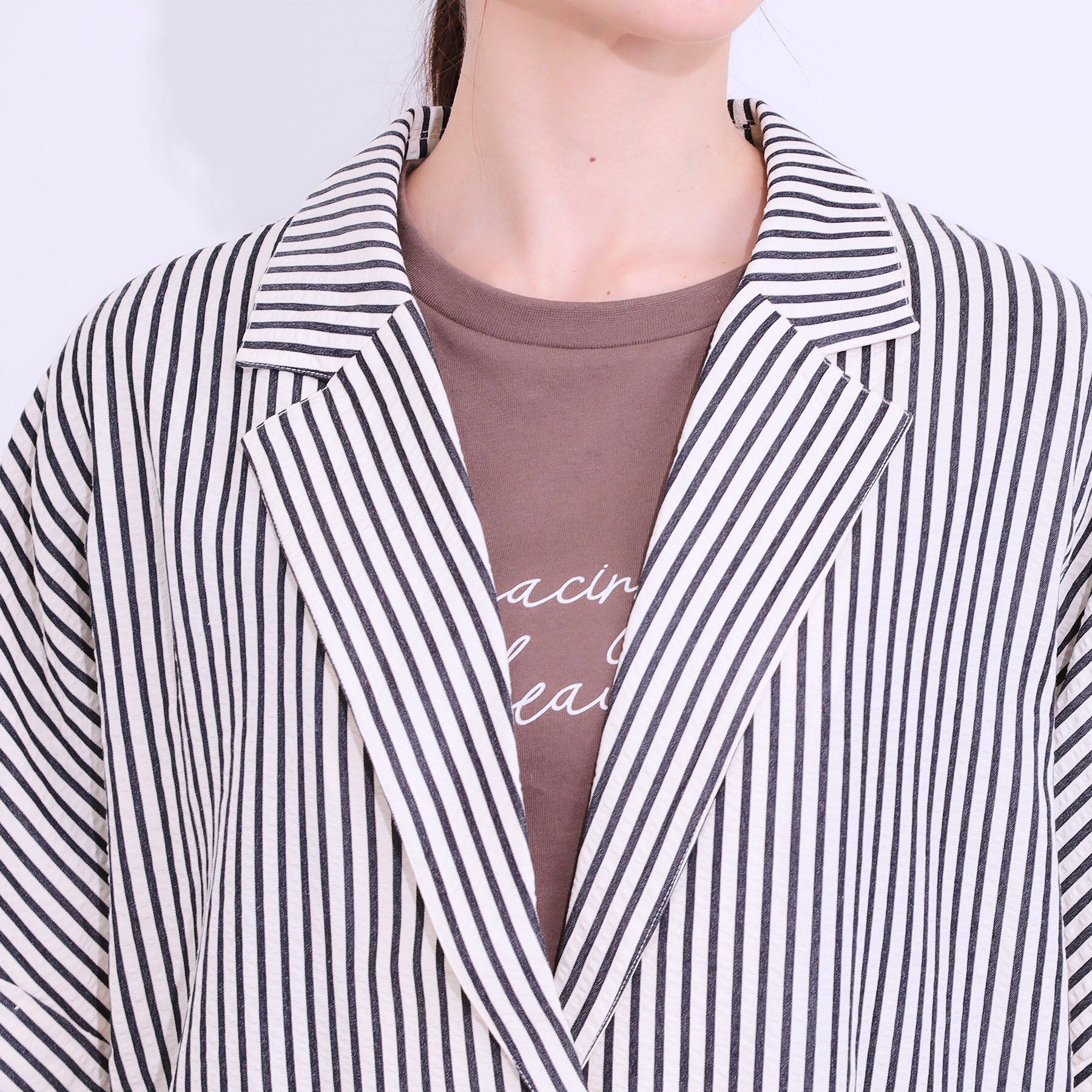 SHOO･LA･RUE「【セットアップ可能/ひんやり/吸水速乾】サッカーストライプ テーラードカラーシャツジャケット」|テーラードジャケット|