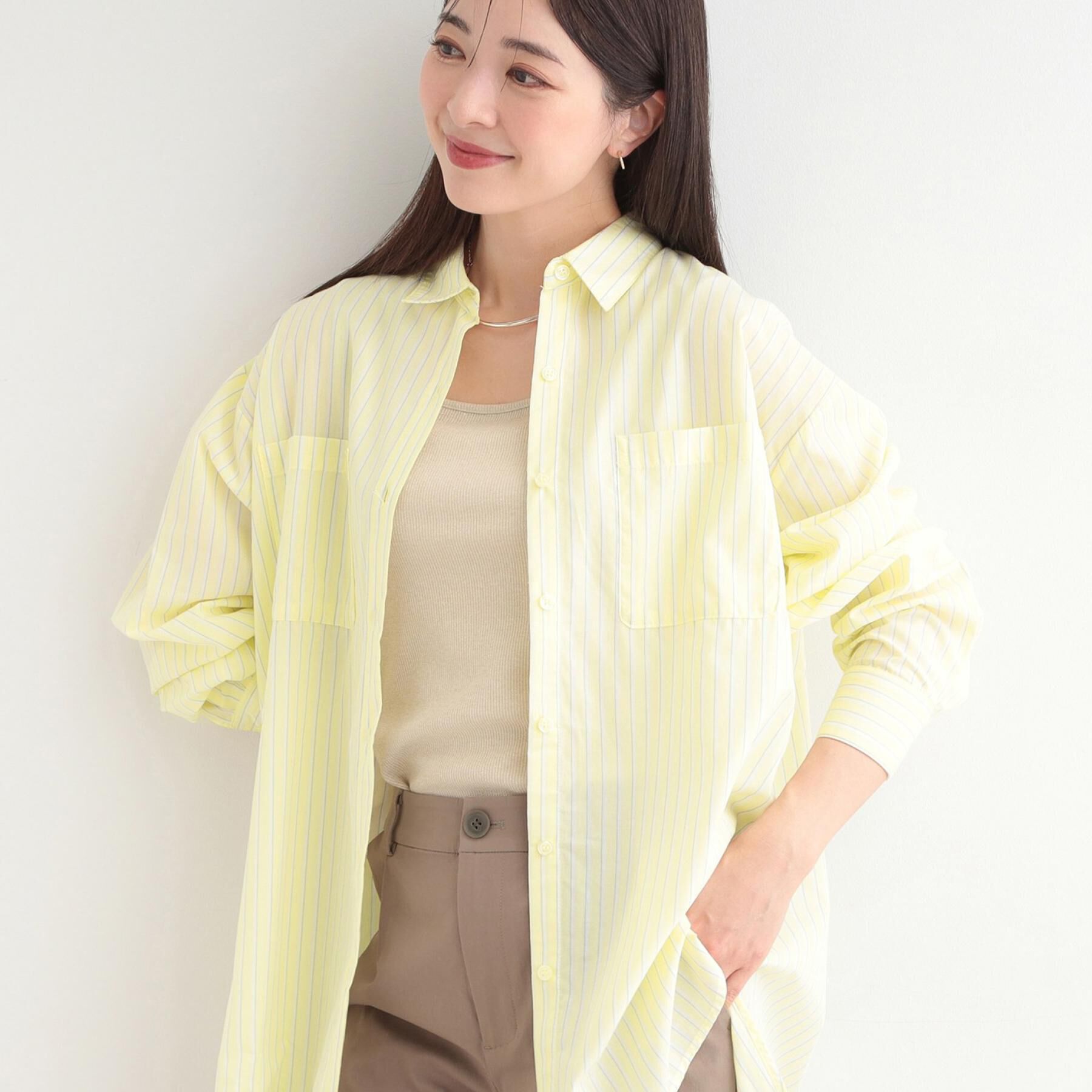 SHOO･LA･RUE「【体型カバー】バックギャザーで魅せる オーバーサイズシャツ」|シャツ・ブラウス|イエロー(331)