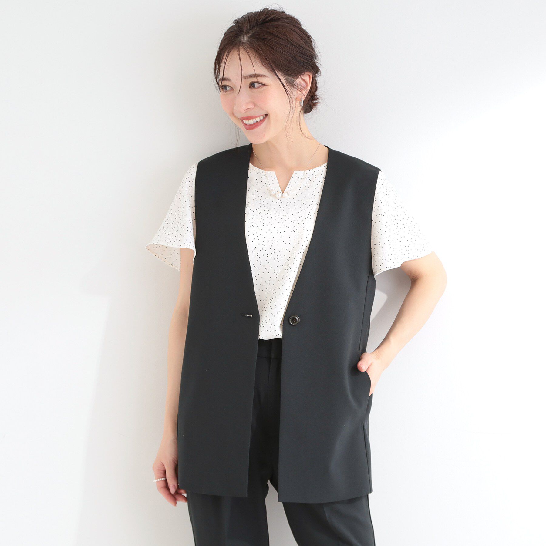 SHOO･LA･RUE「【セットアップ可/洗濯後しわになりにくい/S-LL】シンプルで合わせやすい ノーカラージレ」|ベスト・ジレ|