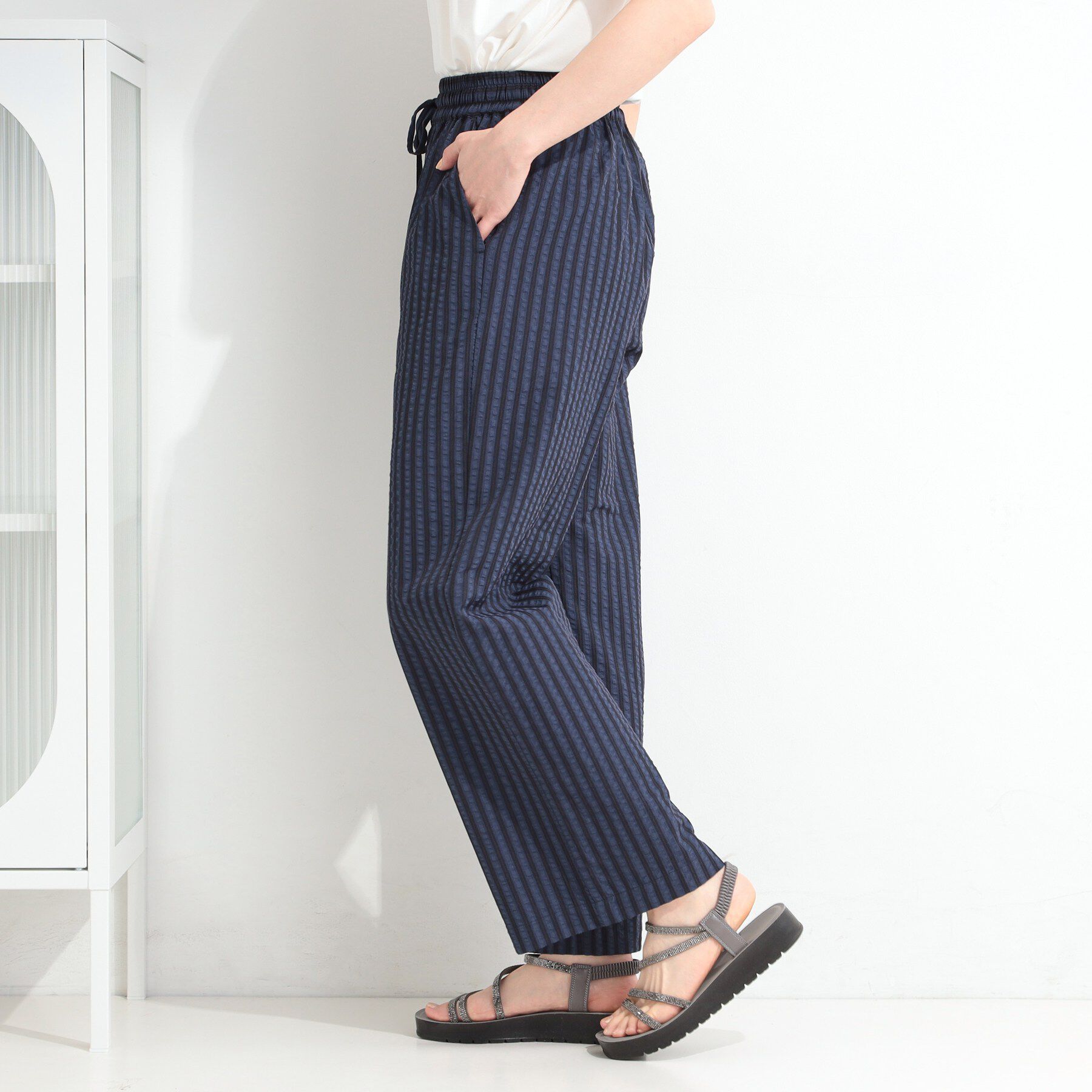 SHOO･LA･RUE「【ひんやり/吸水速乾/セットアップ可】サッカーストライプイージーパンツ」|その他|