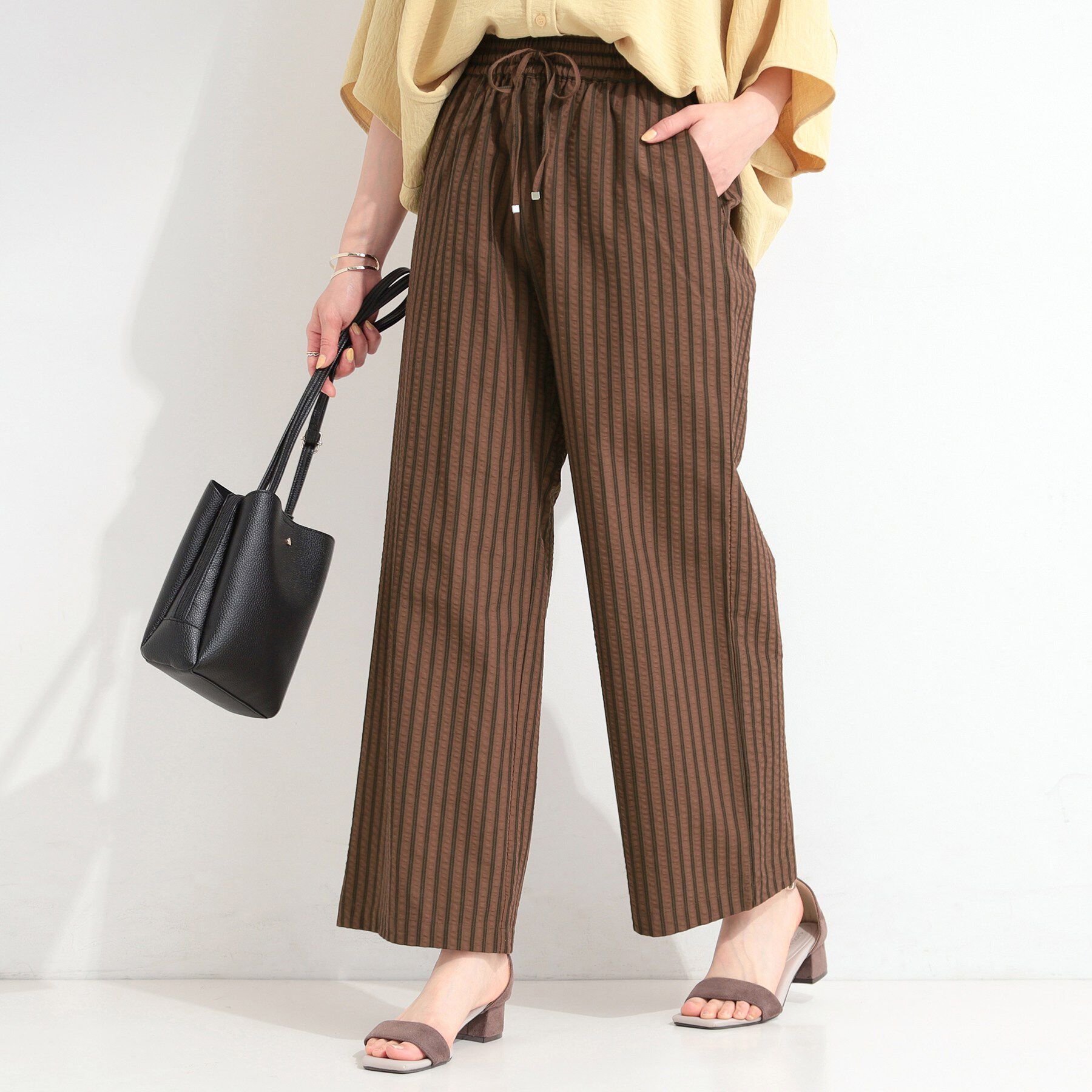 SHOO･LA･RUE「【ひんやり/吸水速乾/セットアップ可】サッカーストライプイージーパンツ」|その他|ブラウン(343)