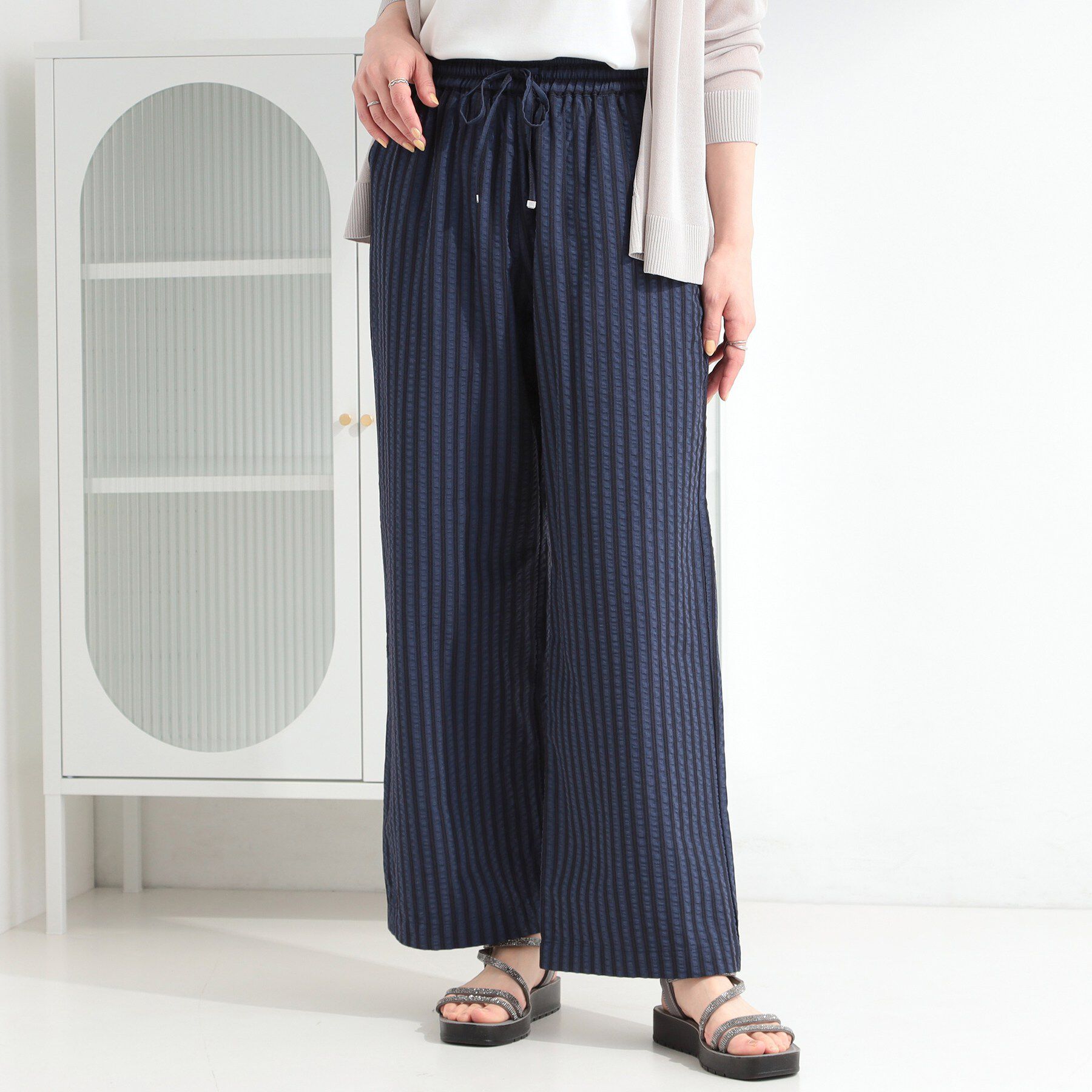 SHOO･LA･RUE「【ひんやり/吸水速乾/セットアップ可】サッカーストライプイージーパンツ」|その他|ネイビー(394)