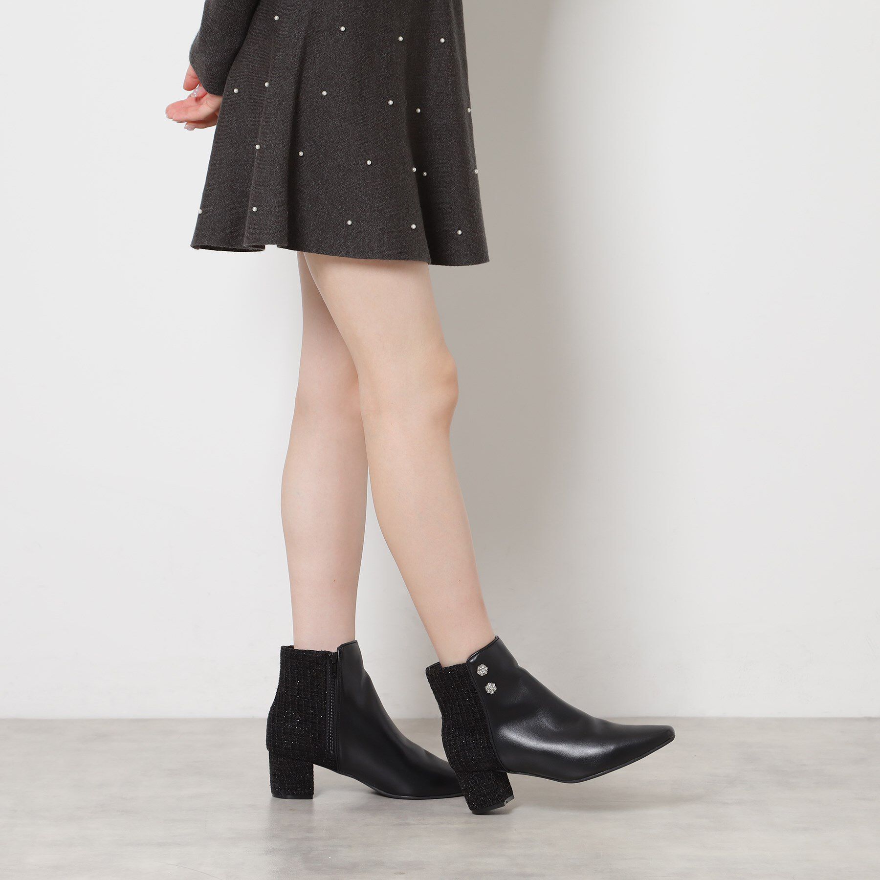 ESPERANZA「ビジュー付きツイードショートブーツ」|ショートブーツ|