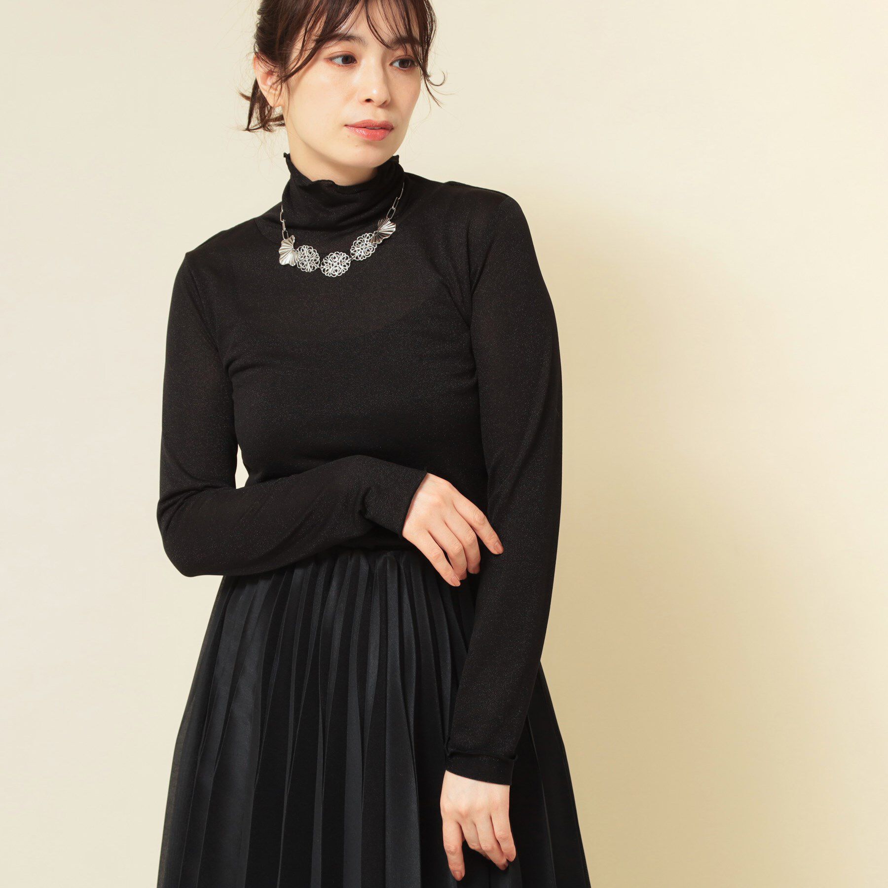 SunaUna「【ラメ／シアー】ハイネックカットソー」|Tシャツ・カットソー|ブラック(019)