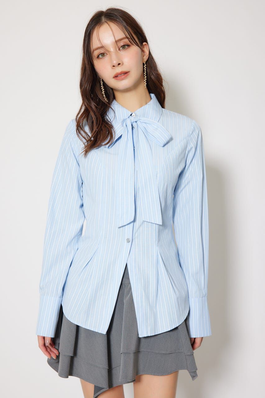 rienda「ウエストシェイプボウタイシャツ」|シャツ・ブラウス|柄BLU5