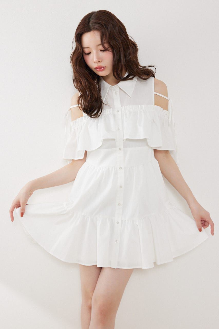 rienda「オフショルフリルティアードミニワンピース」|ワンピース|WHT