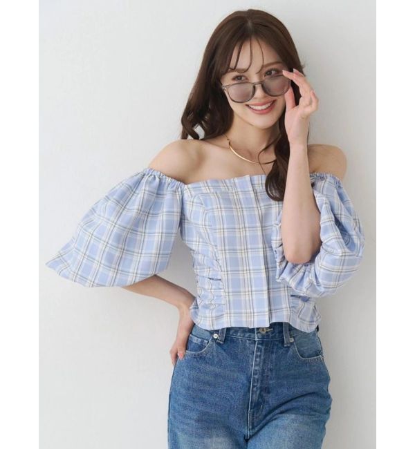 MERCURYDUO「2WAYチェックオフショルベアブラウス」|シャツ・ブラウス|ブルー