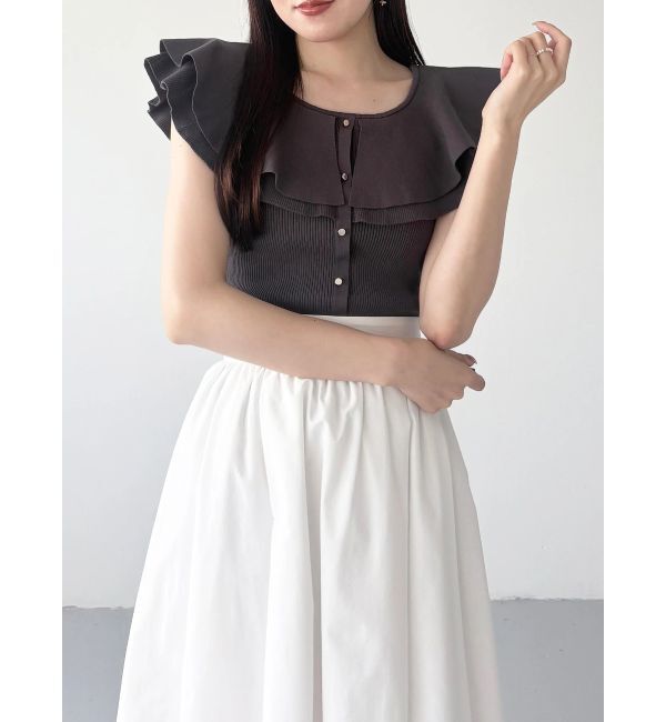 MERCURYDUO「編み変化ノースリーブラッフルコンパクトニット」|ニット・セーター|チャコールグレー