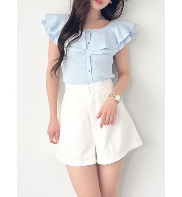 MERCURYDUO「編み変化ノースリーブラッフルコンパクトニット」|ニット・セーター|アイスブルー