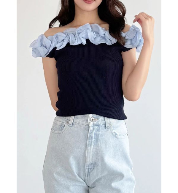 MERCURYDUO「2WAY異素材ランダムラッフルノースリニット」|ニット・セーター|