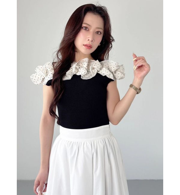 MERCURYDUO「2WAY異素材ランダムラッフルノースリニット」|ニット・セーター|