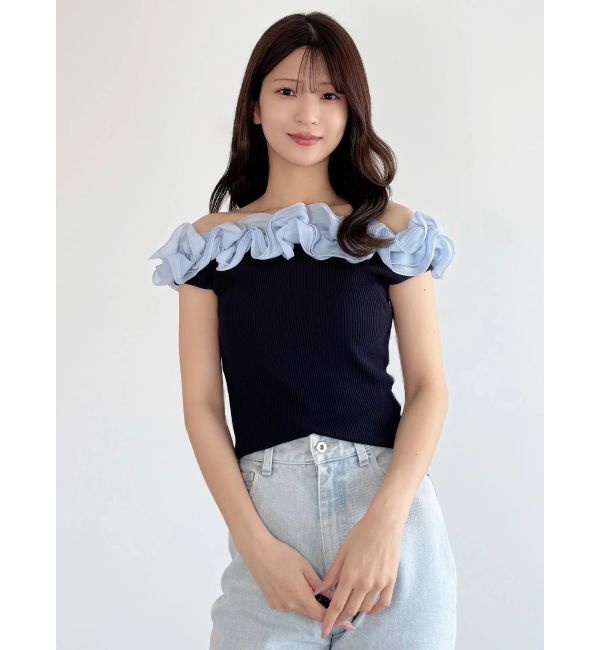 MERCURYDUO「2WAY異素材ランダムラッフルノースリニット」|ニット・セーター|