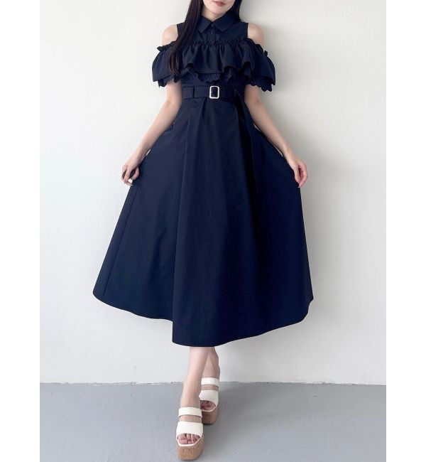 MERCURYDUO「オフショルシャツワンピース」|ワンピース|ネイビー