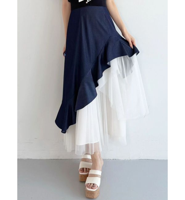 MERCURYDUO「異素材使いラッフルティアードスカート」|スカート|インディゴ