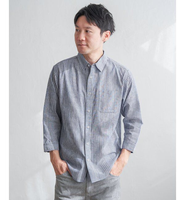 ikka「【吸水速乾】7分袖イージーケアリネンストライプシャツ」|シャツ・ブラウス|