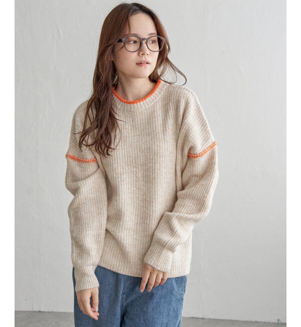 Lbc with Life「配色ステッチ畦ニットプルオーバー」|カーディガン|オフホワイト