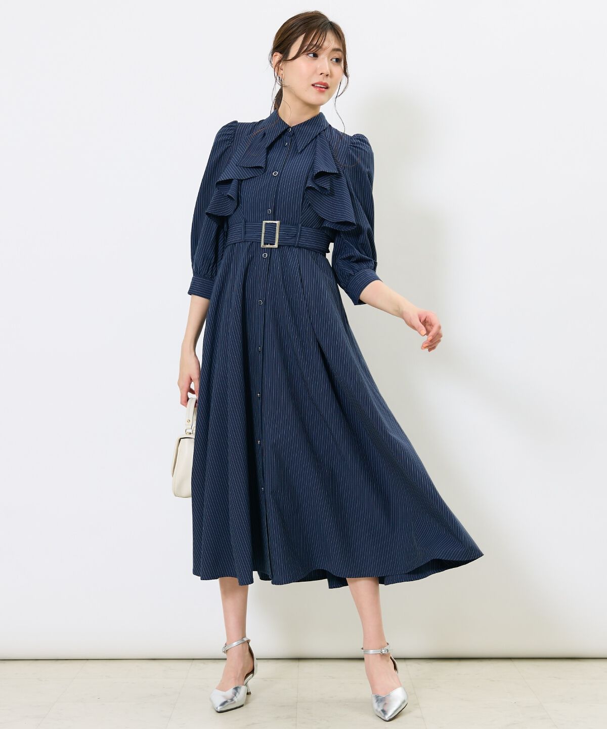 アンドクチュール「ストライプフリルケープワンピース」|ワンピース|Navy/borderｽﾄﾗｲﾌﾟ