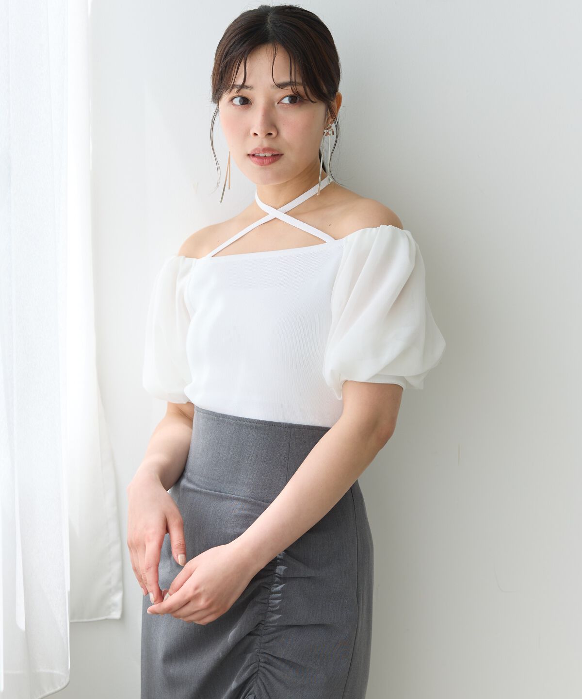 アンドクチュール「シアースリーブクロスネックプルオーバー」|Tシャツ・カットソー|