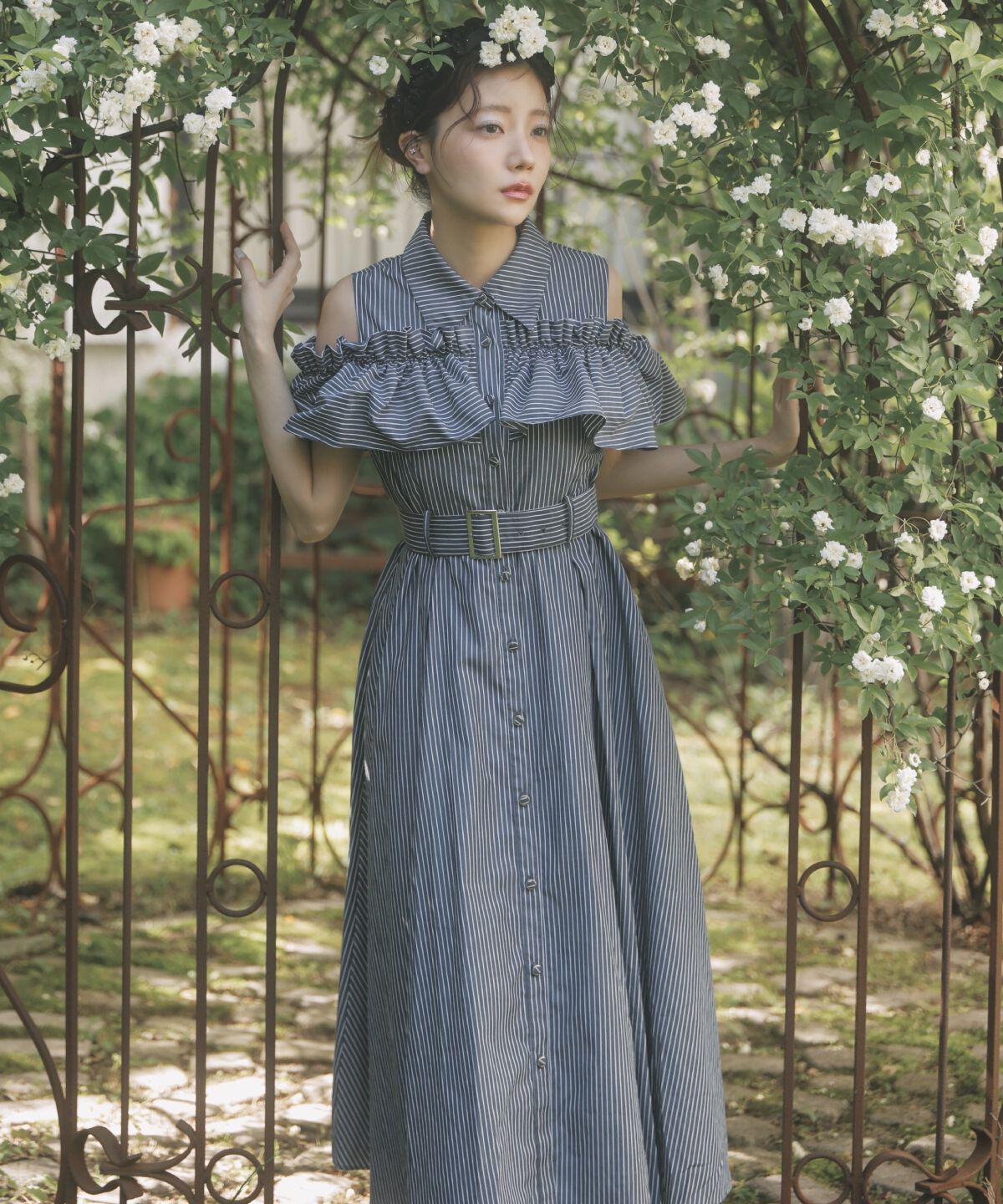 アンドクチュール「オープンショルダーストライプワンピース」|ワンピース|