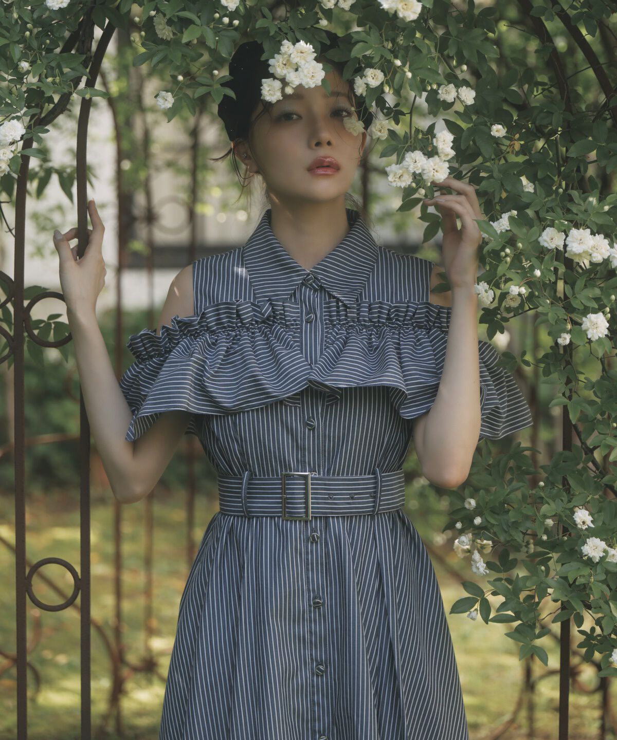 アンドクチュール「オープンショルダーストライプワンピース」|ワンピース|Navy/borderｽﾄﾗｲﾌﾟ