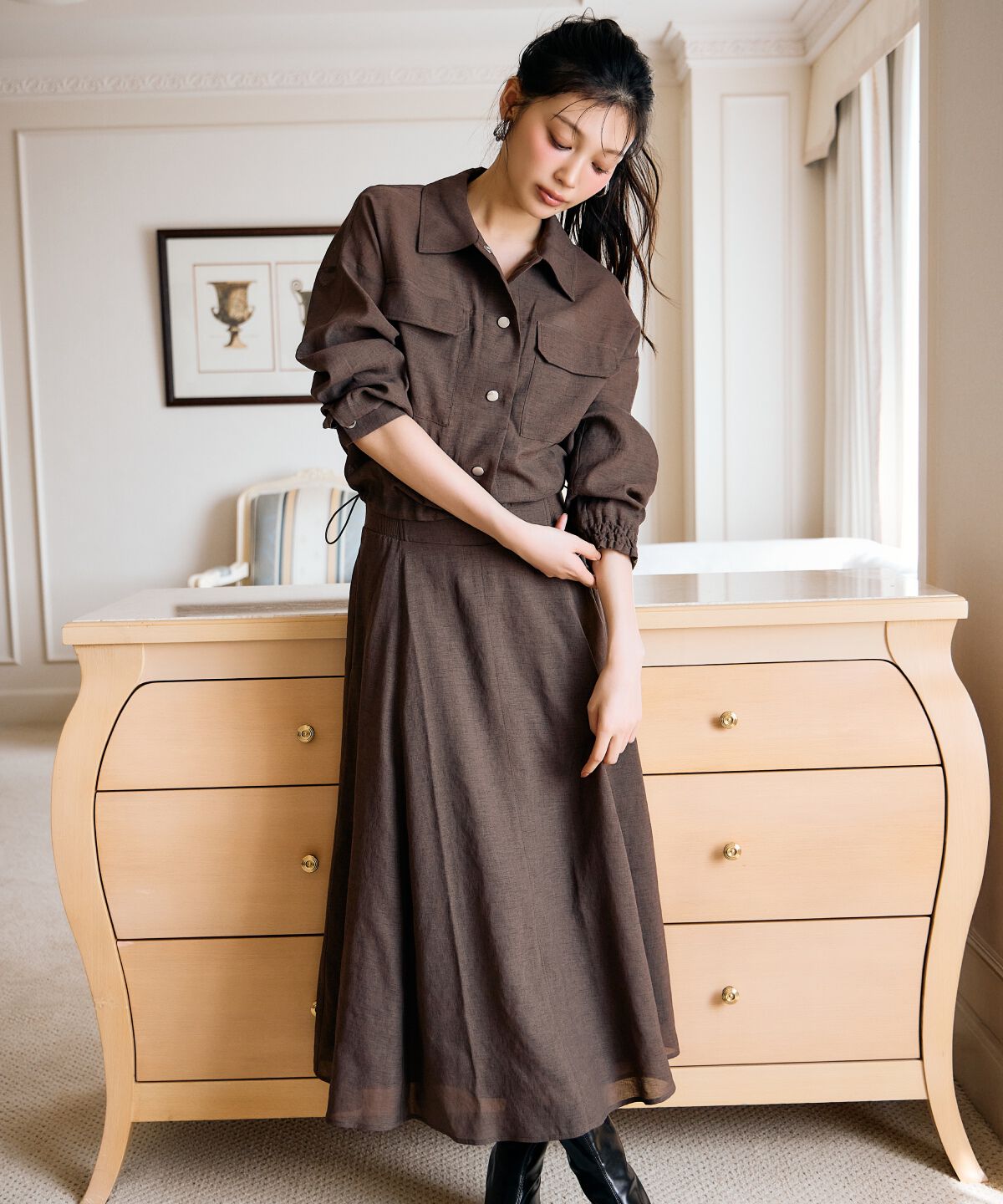 アンドクチュール「サイドリブシアーフレアスカート」|フレア|ブラウン